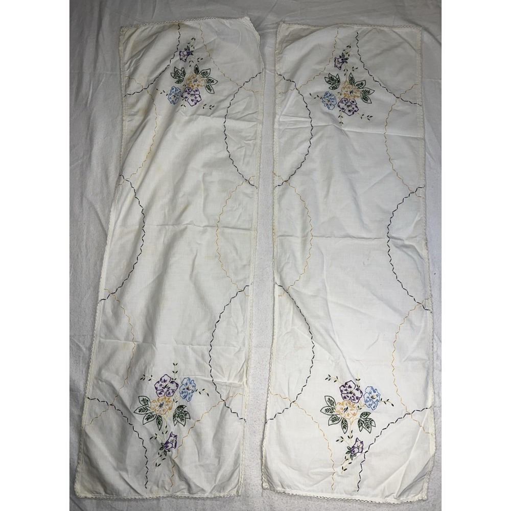 Pair Of VTG Table Runner Hand Embroidered Floral Crochet Edge Cottage Core 40x13